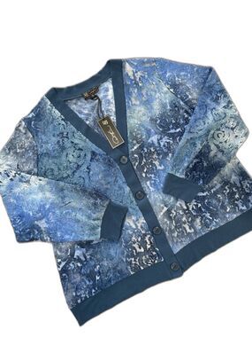 DG2 Diane Gilman Blue Abstract Jacquard Cardigan Textured Button Front 1X NWT